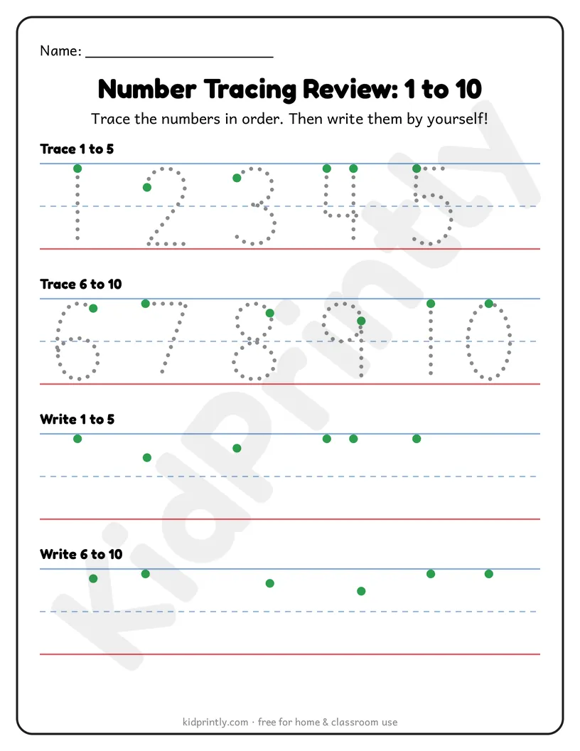 Number Tracing Review 1-10 printable worksheet, review · prek-k
