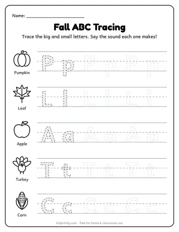 Fall ABC Tracing: P, L, A, T, C worksheet preview