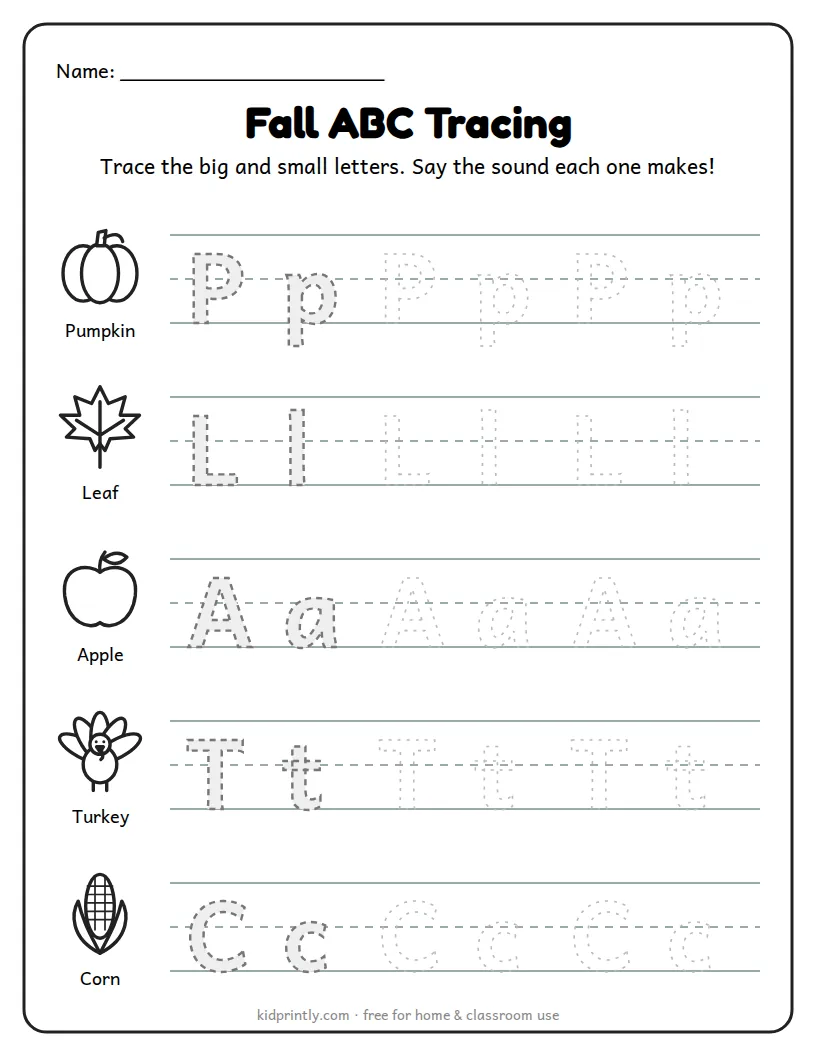 Fall ABC Tracing: P, L, A, T, C printable worksheet for preschool