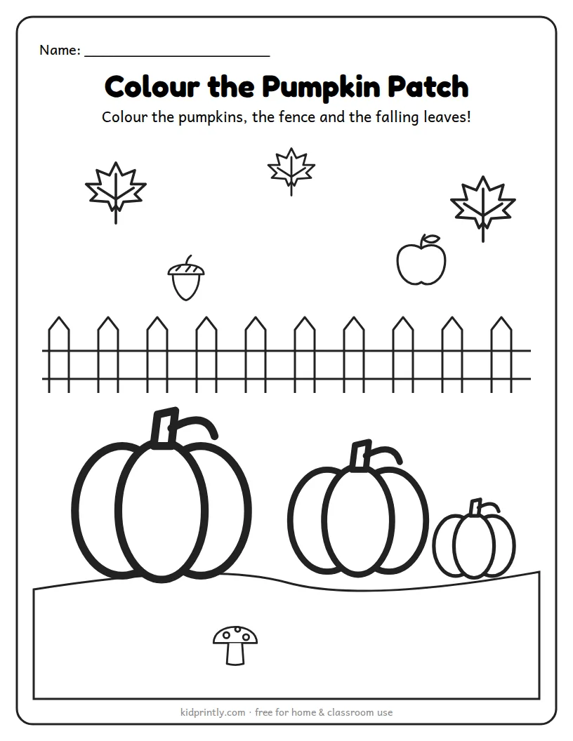 Pumpkin Patch Colouring Page printable worksheet for preschool