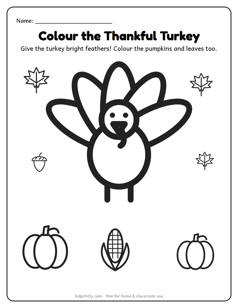 Thanksgiving Turkey Colouring Page printable worksheet for preschool