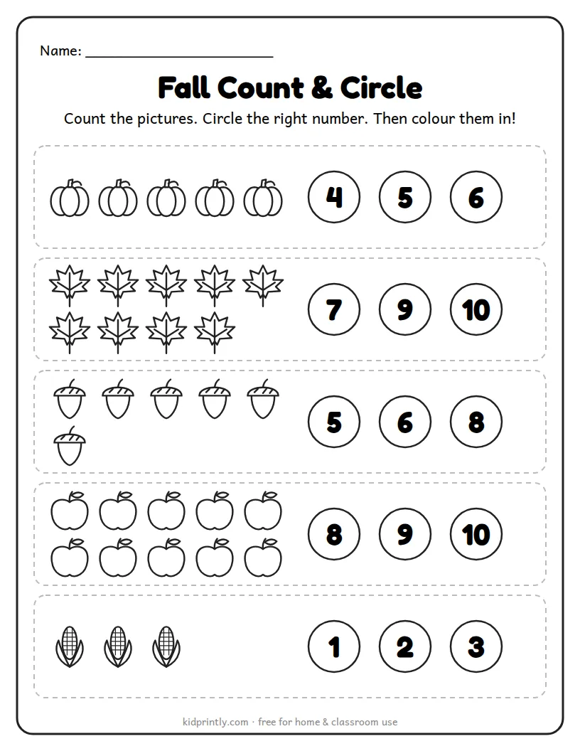 Fall Count and Circle printable worksheet for preschool