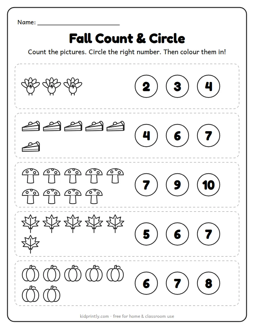 Thanksgiving Count and Circle printable worksheet for preschool