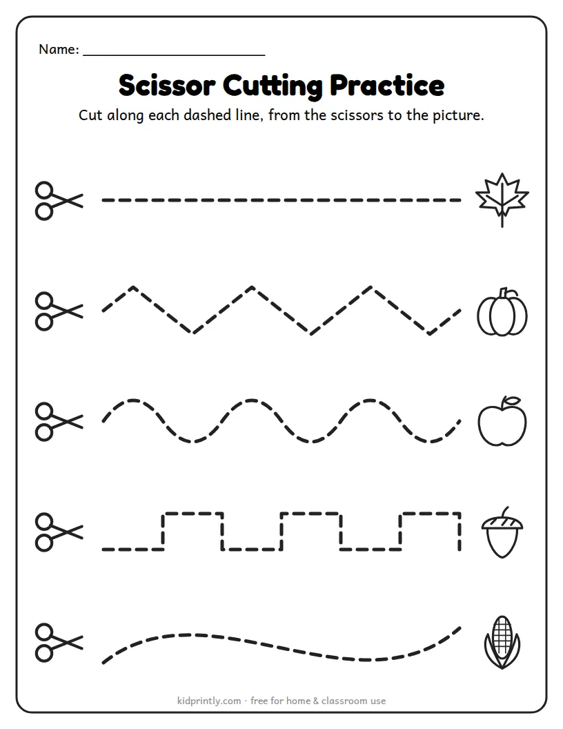Fall Scissor Cutting Practice printable worksheet for preschool