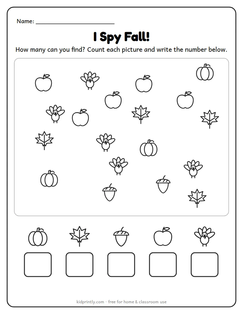 I Spy Fall Counting printable worksheet for preschool