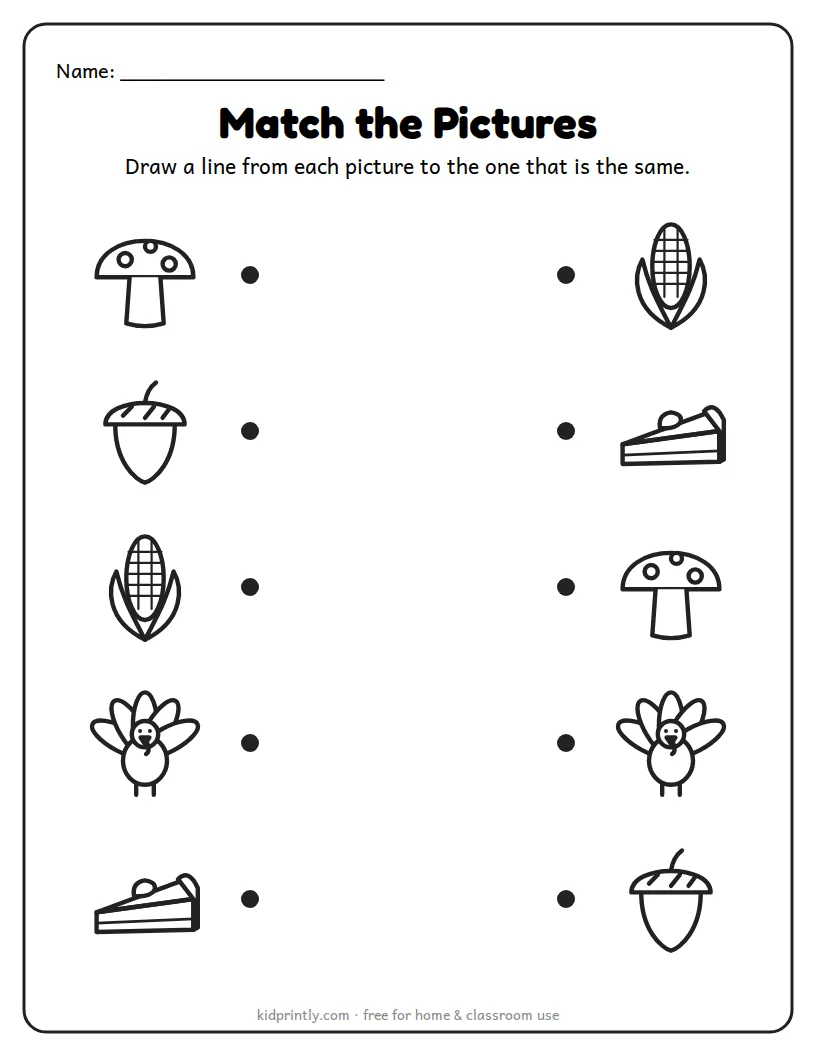 Fall Match the Pictures printable worksheet for preschool