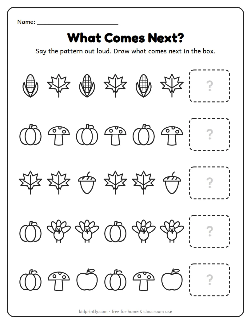 Fall Patterns: What Comes Next printable worksheet for preschool