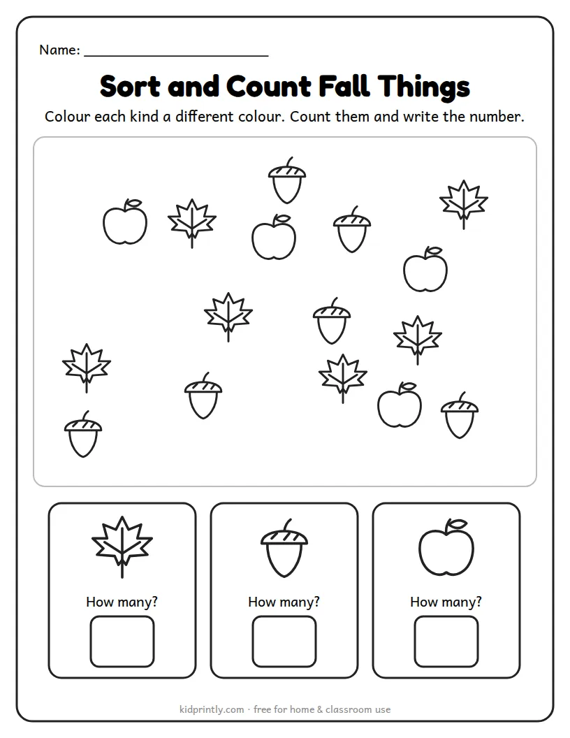 Fall Leaf, Acorn and Apple Sorting printable worksheet for preschool