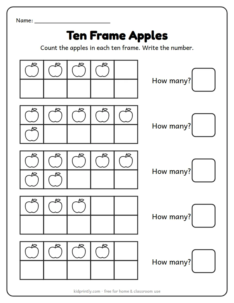 Fall Ten Frame Apples printable worksheet for preschool