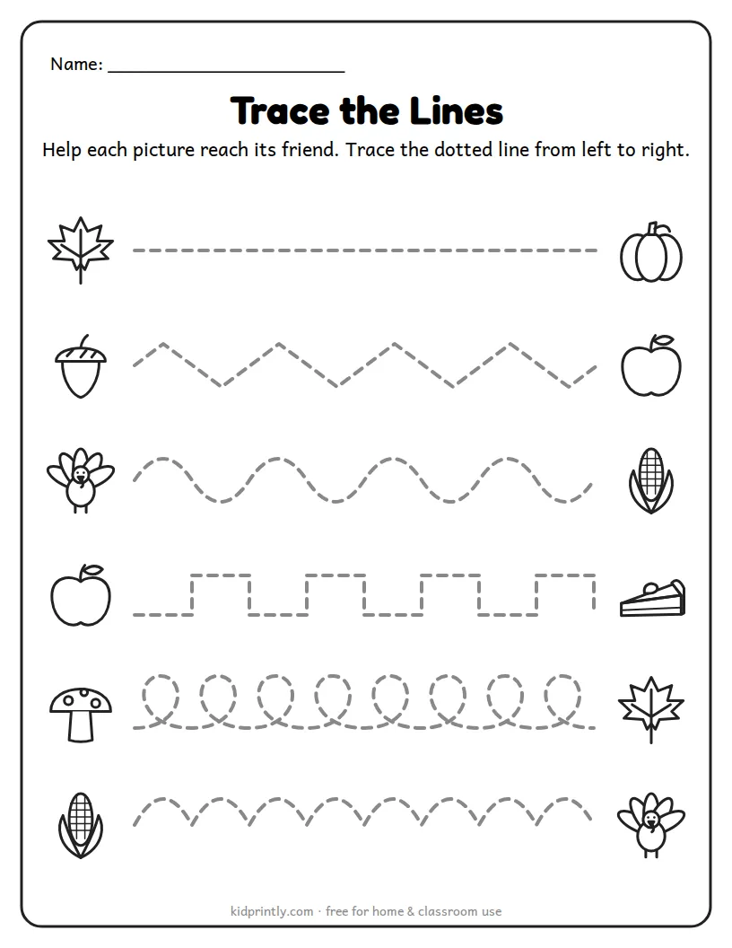 Fall Trace the Lines printable worksheet for preschool