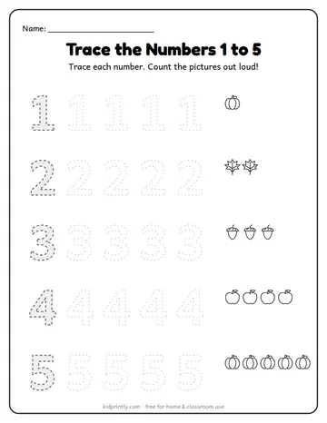 Fall Number Tracing 1 to 5 worksheet preview