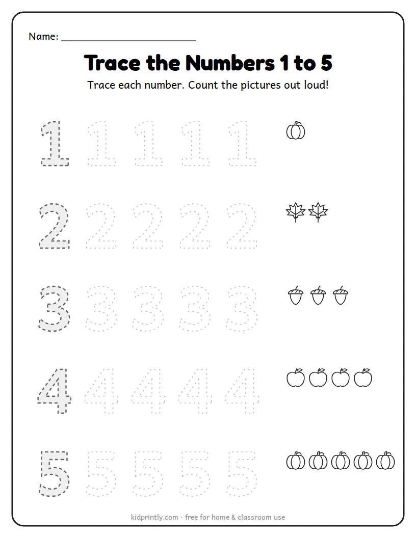 Fall Number Tracing 1 to 5 printable worksheet for preschool