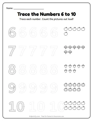 Fall Number Tracing 6 to 10 worksheet preview