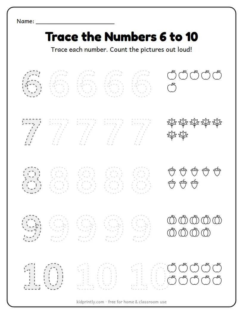 Fall Number Tracing 6 to 10 printable worksheet for preschool