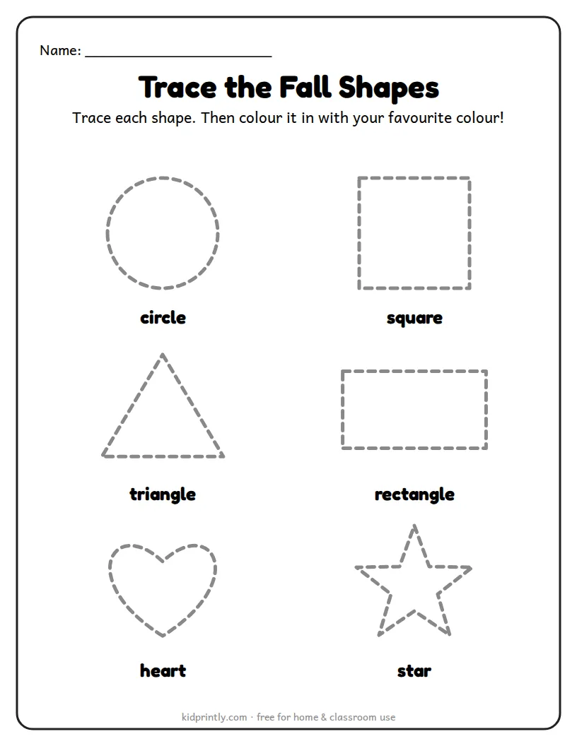 Fall Trace the Shapes printable worksheet for preschool