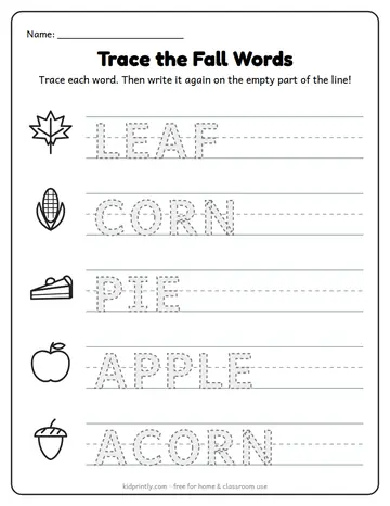 Trace the Fall Words worksheet preview
