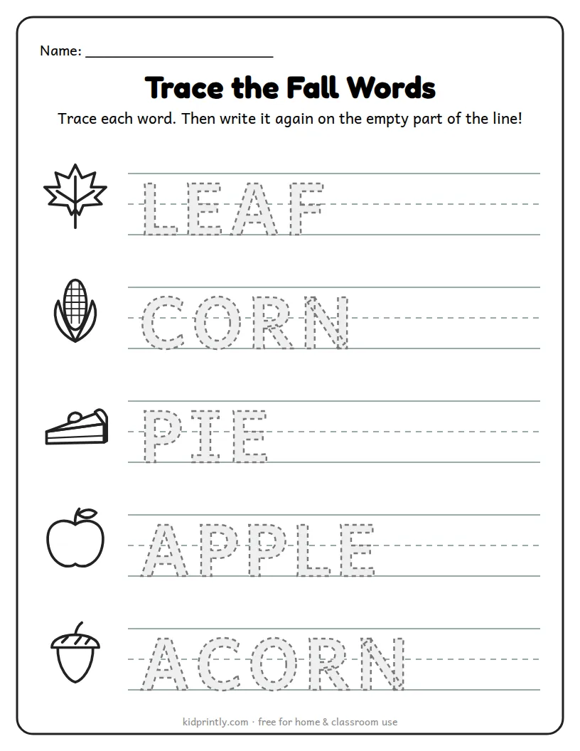 Trace the Fall Words printable worksheet for preschool
